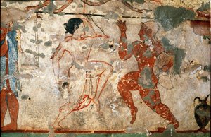 Rituele dans, jonge vrouw met een doorzichtige tuniek en jonge man naakt. (detail van fresco, 520 v.Chr.)
