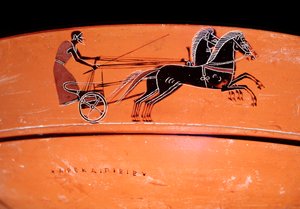 Terracotta vaas detail die een wagen getrokken door twee paarden voorstelt, 4e eeuw v.Chr. door Etruscan