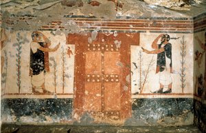Twee personages die groeten bij de poort die de toegang tot het koninkrijk van de Dood symboliseert (Fresco, 530 v.Chr.)
