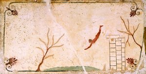 Duiker, circa 480-490 v.Chr., decoratieve fresco van de dekkingsplaat van het Graf van de Duiker in Paestum, Campania, Italië, 5e eeuw v.Chr.