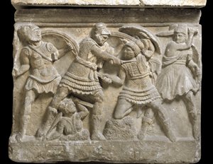 Etruskische kunst: “Eteocles en Polynices” de twee broers, zonen van Oedipus, Bas-reliëf van een sarcofaag van Chiusi, 3e eeuw v.Chr. - Palermo, Museo Archeologico Nazionale - Duel tussen de broers Eteocles en Polynices, zonen van Oedipus - Bas-reliëf, det