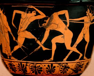 Etruskische kunst: pyxis versierd met een palestra scène, atleten oefenen speerwerpen uit Cerveteri. Rome, Museo di Villa Giulia