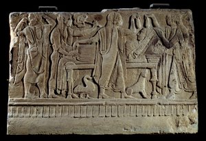 Etruskische oudheid: Plaque van een grafsteen. Tentoonstelling van de overledene op haar doodsbed. Parijs, Musee Du Louvre door Etruscan Etruscan
