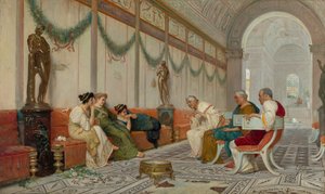 Interieur van Romeins gebouw met figuren