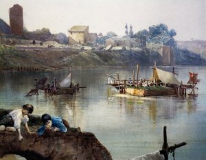Vissersgiornelli (viswielen) op de Tiber bij Porto di Ripa Grande in Rome, door Ettore Roesler Franz (1845-1907), aquarel, Italië door Ettore Roesler Franz