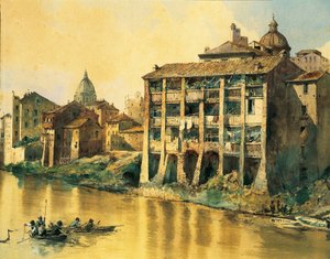 Italië, Rome, Oude huizen langs de Tiber