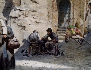 Oude middeleeuwse huizen op Lungaretta door Ettore Roesler Franz (1845-1907), aquarel uit de serie Verdwenen Rome, Detail, Italië door Ettore Roesler Franz