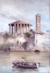 De Tempel van Hercules vanaf de rivier de Tiber, Rome door Ettore Roesler Franz