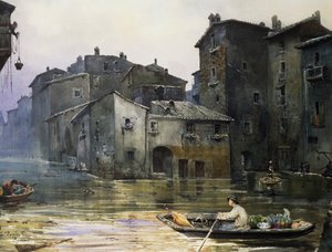 Via della Fiumara overstroomd in Rome, door Ettore Roesler Franz (1845-1907), aquarel, Italië