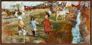 Landschap met kinderen en hond, een ezel bij de rivier door Ettore Tito