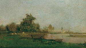 Rivierlandschap met boot door Eugen Jettel