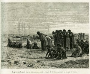 Het Moghreb-gebed in de Sahara. Gravure door J.Girardet, ter illustratie van het verhaal Cinq mois chez les moures nomades du Sahara occidental, in 1887, door Camille Douls, in le tour du monde 1888, onder leiding van Edouard Charton (1807-1890), Hachette, door Eugene Alexis Girardet