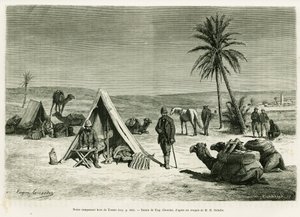 Kamp van reizigers in de buurt van Tozeur. Gravure door Eugene Girardet ter illustratie van het verhaal 