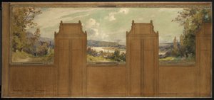 Schets voor het stadhuis van Bagneux (?): landschap van Joinville naar Nogent, circa 1907 door Eugene Bourgeois