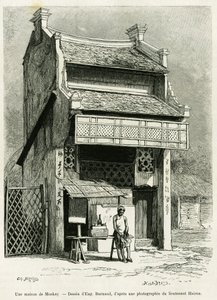 Een apenhuis. Gravure door Eugene Burnand, ter illustratie van het verhaal Sur les frontières du Tonkin, door dokter P.Neiss, in le tour du monde 1888, onder leiding van Edouard Charton (1807-1890), Hachette, Parijs.