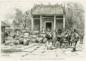 Conferentie Pagode, Monkay. Gravure door Eugene Burnand, ter illustratie van het verhaal Sur les frontières du Tonkin, door dokter P. Neiss, in le tour du monde 1888, geregisseerd door Edouard Charton, Hachette, Parijs.