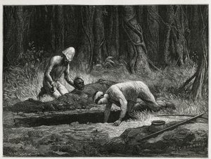 Dr. Harmand en zijn Annamitische helper, die clandestiene opgravingen van Khas-begrafenissen uitvoeren in Attopeu (Laos), gravure door Eugene Burnand, ter illustratie van het verhaal over Laos en de wilde bevolkingen van Indochina door Dr. Harmand, in 1877 door Eugene Burnand