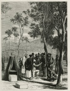 Dr. Harmand voert antropologische metingen uit op de inheemse Khas, in Attopeu (Laos), gravure door Eugene Burnand, ter illustratie van het verhaal van Laos en de wilde bevolkingen van Indochina door Dr. Harmand, in 1877, gepubliceerd in de tour du monde, 