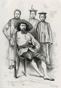 Portret van de auteur, omringd door zijn reisgenoten. Gravure door Eugene Burnand, ter illustratie van het verhaal 