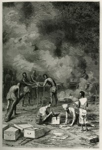 Het drogen van herbariumplanten, op grote bamboekleien, voordat de dokter ze classificeert en in zijn kisten opbergt, gravure door Eugene Burnand, ter illustratie van het verhaal van Laos en de wilde bevolkingen van Indochina door dokter Harmand, in 1877,  door Eugene Burnand