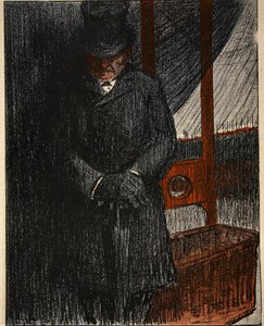 Een begrafenisondernemer wacht op zijn volgende slachtoffer bij de guillotine, illustratie uit 