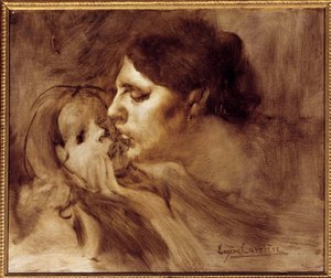 De Moederlijke Kus. Schilderij door Eugene Carriere (1849-1906) 19e eeuw. 0,46 x 0,55 m. Parijs, Musee d