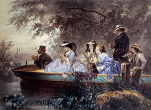 Een zondag met de familie, vissen in de rivier Lithografie door Eugene Guerard (1821-1866) 19e eeuw. Parijs, Musee Carnavalet