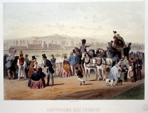 Uitzicht op de renbaan in het Bois de Boulogne Lithografie door Eugene Guerard (1821-1866) 19e eeuw door Eugene Charles Francois Guerard
