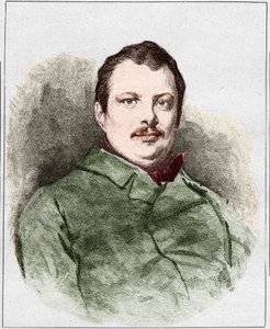 Portret van Honoré Balzac in 1830, Franse schrijver. Gravure door Eugène Chiquet