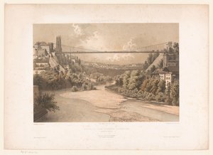 Gezicht op de hangbrug over de Sarine, te Fribourg