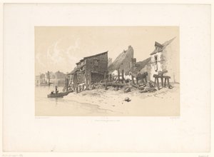 Rivieroever met huizen en watermolen door Eugene Ciceri