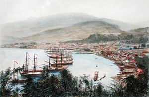 Uitzicht op Saint-Pierre gezien vanaf de kanonbatterij bij Sainte-Marthe, Martinique door Eugene Ciceri