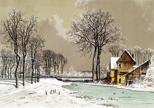 Winterlandschap - Chromolithografie van Ciceri, n.d. door Eugene Ciceri