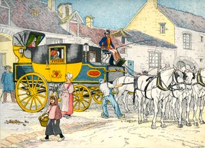 Postkoets bij een koetshuis in 1840 door Eugene Courboin