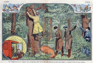Een T.S.F. bedrijf installeert microfoons in de bossen en velden om het gezang van vogels op te nemen en uit te zenden. Illustratie van Damblans in 