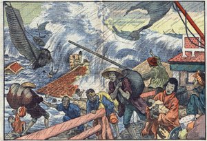 Een vloedgolf en een tyfoon treffen Japan. Illustratie van Damblans. In 