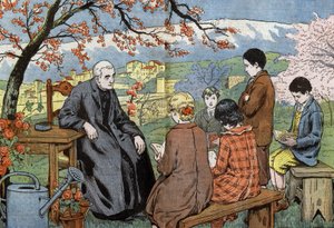 Een priester en toekomstige jongeren die hun communie gaan doen, in een tuin, tekening door Damblans uit papier "Le Pelerin" 17 mei door Eugene Damblans