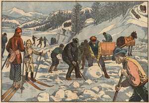 Alpenbewoners verzamelen ijsblokken in de winter voor de zomer. Op de achtergrond beoefenen mannen wintersporten. Illustratie van Damblans. In 
