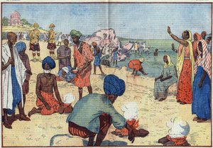 Week van burgerlijke ongehoorzaamheid in India tegen het Britse Rijk: Op Bombay Beach koken Gandhi (1869-1948) en zijn aanhangers zeewater om zout te verkrijgen in strijd met de Gabelle-wet. Vrouwen moedigen hen aan door dit refrein te herhalen: 