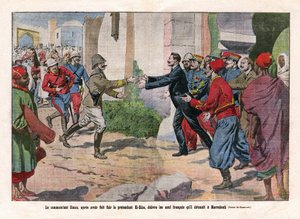 Gebeurtenissen in Marokko, overgenomen van Marrakech door de troepen van Hubert (Louis-Hubert-Gonzalve) Lyautey (1854-1934) en Charles Mangin (1866-1925). Commandant Simon, na te zijn gevlucht voor de pretendent El-Hiba (El Hiba) (Ahmed al-Hiba (Al Hiba),  door Eugene Damblans