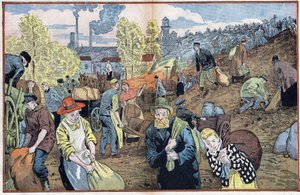 Jagers zoeken naar stukjes kolen tussen de stenen die uit de mijnen zijn gehaald om zichzelf te verwarmen tijdens de winter. Ruhrgebied, Duitsland. Illustratie van Damblans. In 
