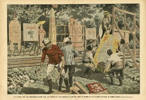 Illustratie door Eugene Damblans (1865-1945) in Le Pelerin, 03/09/05 - De Japanners maken een gigantische claim voor de producten van hun industrie langs spoorlijnen met posters van verschillende vormen - Reclame, Japan, Spoorweg Trein, Posters