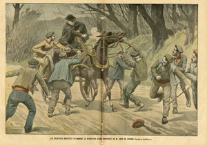 Illustratie door Eugene Damblans (1865-1945) in Le Pelerin, 31/01/04 - Landbouwstakers vallen de beheerder van een eigendom van M. Sere de Riviere aan - Sociaal, Diverse feiten, Staking, Transport, Landbouw, Bos, Koets - Arbeider, Paard door Eugene Damblans