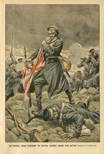 Illustratie van Eugene Damblans (1865-1945) in Le Pelerin, 01/01/05 - Een Russische korporaal scheurt een Japanse vlag voor Port Arthur - Rusland, Japan, Port Arthur, Russisch-Japanse Oorlog, Gevechten, Geweer - Soldaten, Korporaal door Eugene Damblans