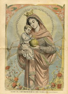 Illustratie van Eugene Damblans (1865-1945) in Le Pelerin, 01/05/04 - In deze maand mei bidt de Heilige Maagd haar goddelijke zoon om de wereld te zegenen en te redden - Religie, Bloemen, Katholicisme - Jezus, Maria