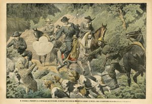 Illustratie van Eugene Damblans (1865-1945) in Le Pelerin, 02/07/05 - Roosevelt, president van de Verenigde Staten, afgeleid van de zorgen van de macht door het jagen op grizzlyberen in de Rocky Mountains - Amerika USA, Jacht USA, Rocky Mountains - Hond, B door Eugene Damblans