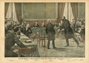 Illustratie van Eugene Damblans (1865-1945) in Le Pelerin, 03/07/04 - In een ontroerende scène, bij de onderzoekscommissie, smeekte M. Lagrave de voorzitter van de raad om de waarheid te vertellen - Religie, Onderzoekscommissie, Katholicisme