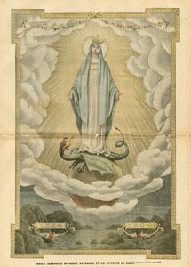 Illustratie van Eugene Damblans (1865-1945) in Le Pelerin, 04/12/04 - Maria immaculata verschijnt aan de wereld en brengt verlossing - Religie Geloof, Katholiek Katholicisme - Onbevlekte ontvangenis - Maria, Draak - Wolken - Aarde