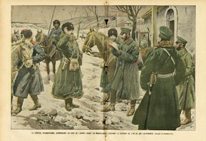 Illustratie van Eugene Damblans (1865-1945) in Le Pelerin, 05/03/05 - Generaal Koeropatkin, opperbevelhebber van het Russische leger in Mantsjoerije, ontvangt het rapport van een van zijn luitenants - Rusland, Leger, Mantsjoerije, Russisch-Japanse Oorlog,  door Eugene Damblans