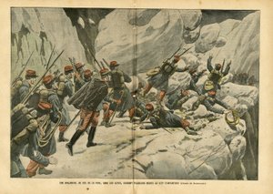Illustratie van Eugene Damblans (1865-1945) in Le Pelerin, 06/03/04 - Een lawine, bij de Pare-pas, in de Alpen, veroorzaakt verschillende doden bij de 157e Infanterie - Diverse feiten, Leger, Bergbeklimmen, Infanterie, Alpen, Lawine door Eugene Damblans